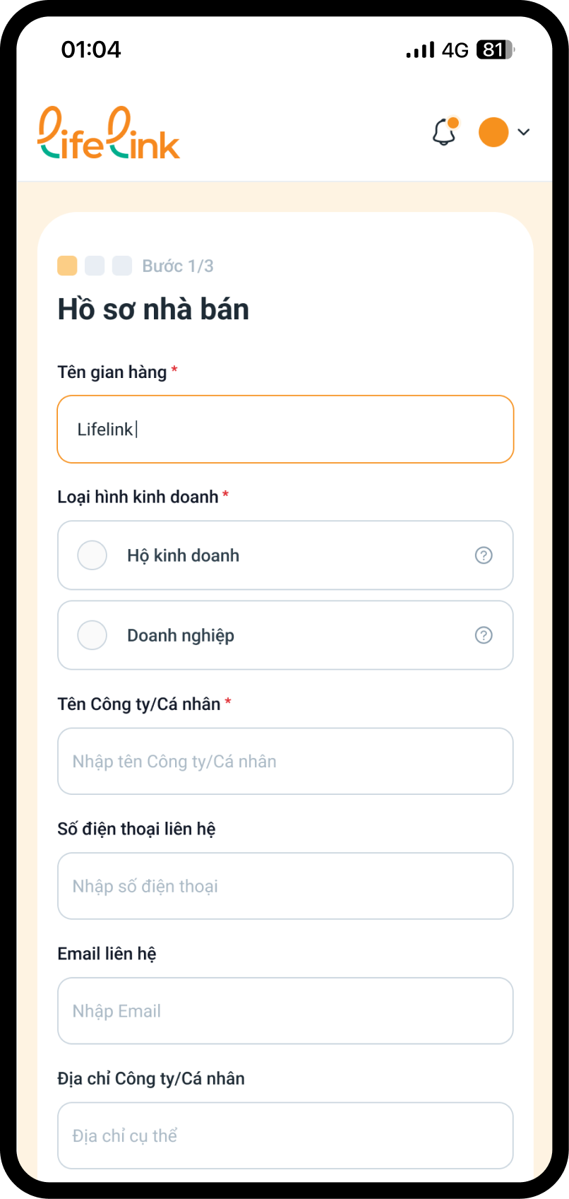 Nhập thông tin Cá nhân Doanh nghiệp